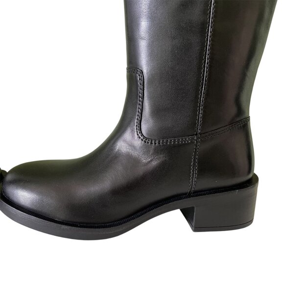Zara Black Leather Knee High Boots Flat Round Toe Pull Tab Equestrian US Sz 6 - Picture 9 of 11